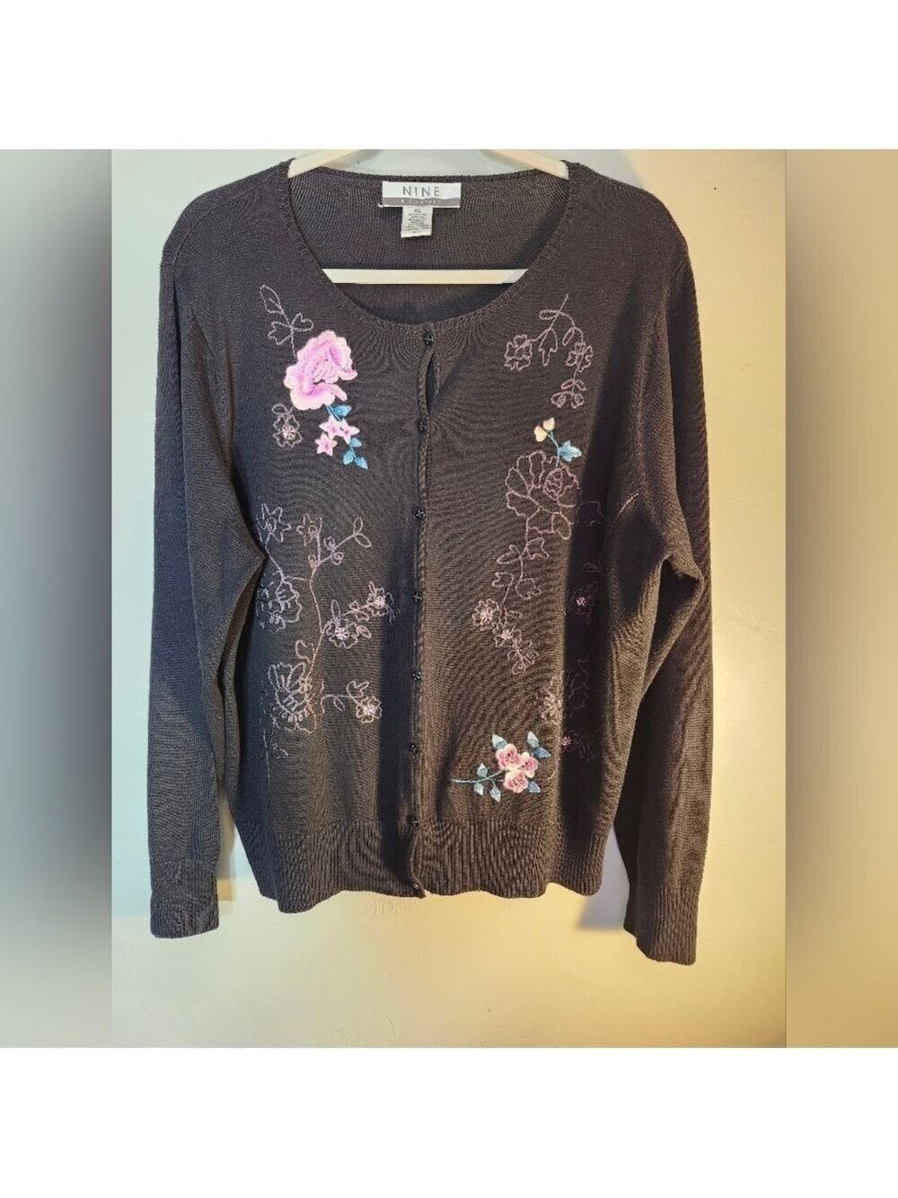 Nine & Co. Black Cardigan with Pink Floral Embroidery Sz XL